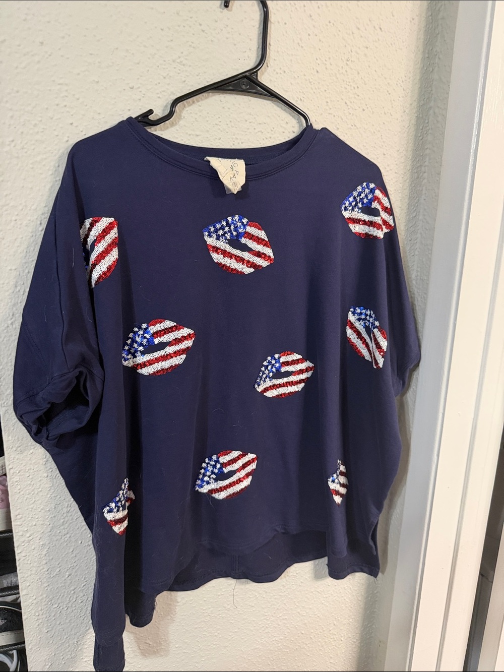 Fantastic Fawn Navy Sequin Flag Lip Tee - Picture 2 of 4